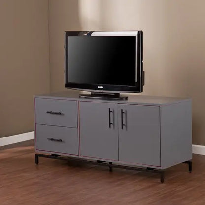 Mango Wood Lativa TV Stand Cabinet for Home | TV Unit for Living Room | Grey + Red and Black Powdercoated Finish 
