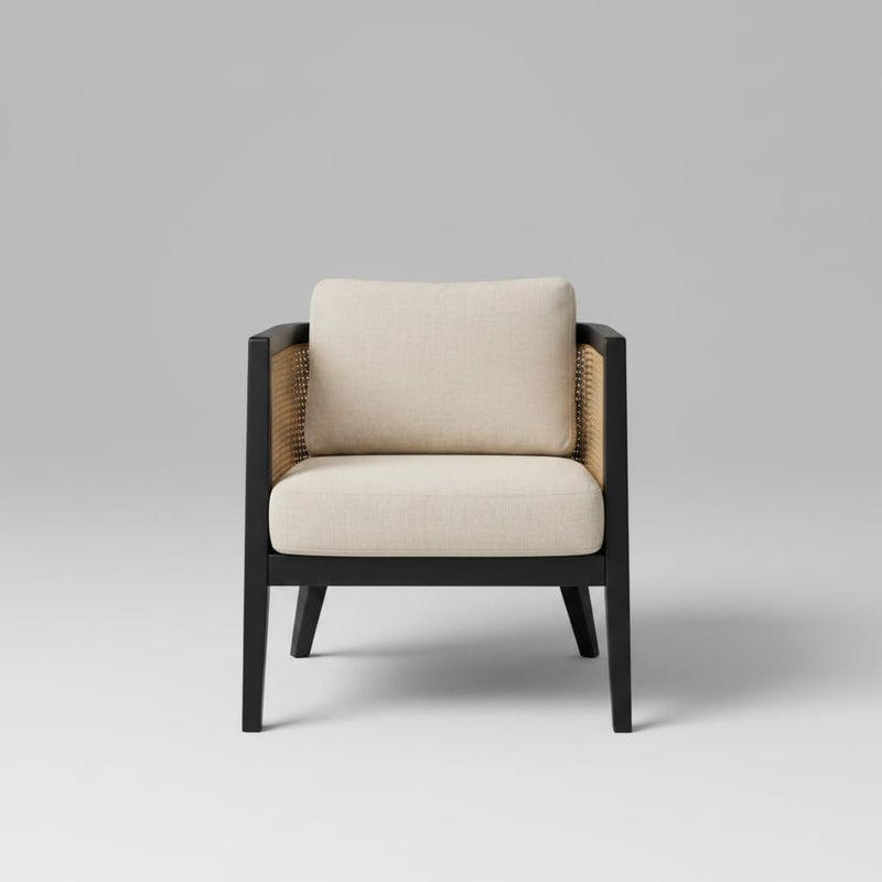 Mid Century Modern Solid Wood Accent Chair with Cane Back & Cushion 