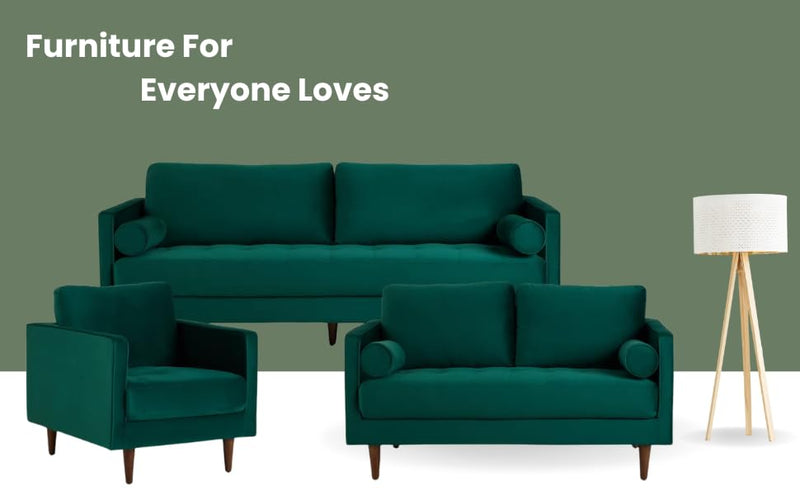 MidCen Wooden 6 Seater 3+2+1 Sofa Set with High-Density Foam for Home & Living Room (Upholstered- Dark Green Velvet Fabric) 