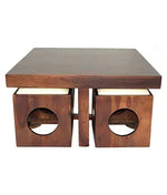 Sheesham Wood Square Coffee Table for Living Room | Center Table for Home | with 4 Stools | Dark Brown, White Cushion 