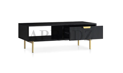 Wooden Center Table for Living Room | Rectangular Design with Shelf & Drawer | Solid Sheesham Wood & Iron Coffee Table (Black & Golden) | Sofa Teapoy Table