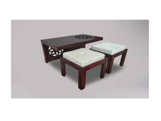 Translation missing: en.Sheesham Wood Nicola Stylish Coffee Table with 2 Stools for Living Room | Center Table for Home | Brown Finish 