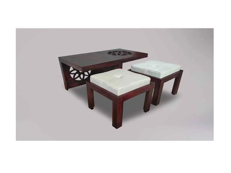 Sheesham Wood Nicola Stylish Coffee Table with 2 Stools for Living Room | Center Table for Home | Brown Finish 