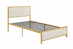 Upholstered Bed Modern Strip Headboard Footboard Platform Bed Frame with Heavy-Duty Metal Slats, No Box Spring Needed, Beige Fabric + Gold Powdercoated 