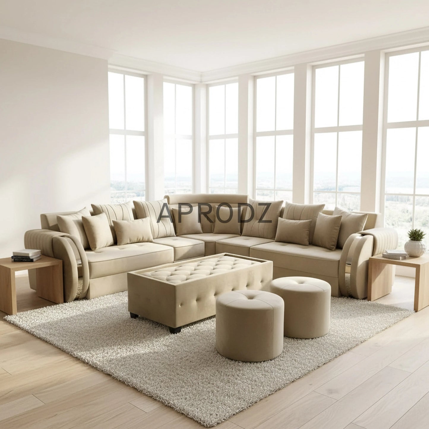 L-Shaped Sectional 6-Seater Sofa with Coffee Table & 2 Ottoman Stools Padded Armrest Perfect Fabric Corner Sofa for Guests Living Room, Drawing Room, Office & Lounge (Beige) 