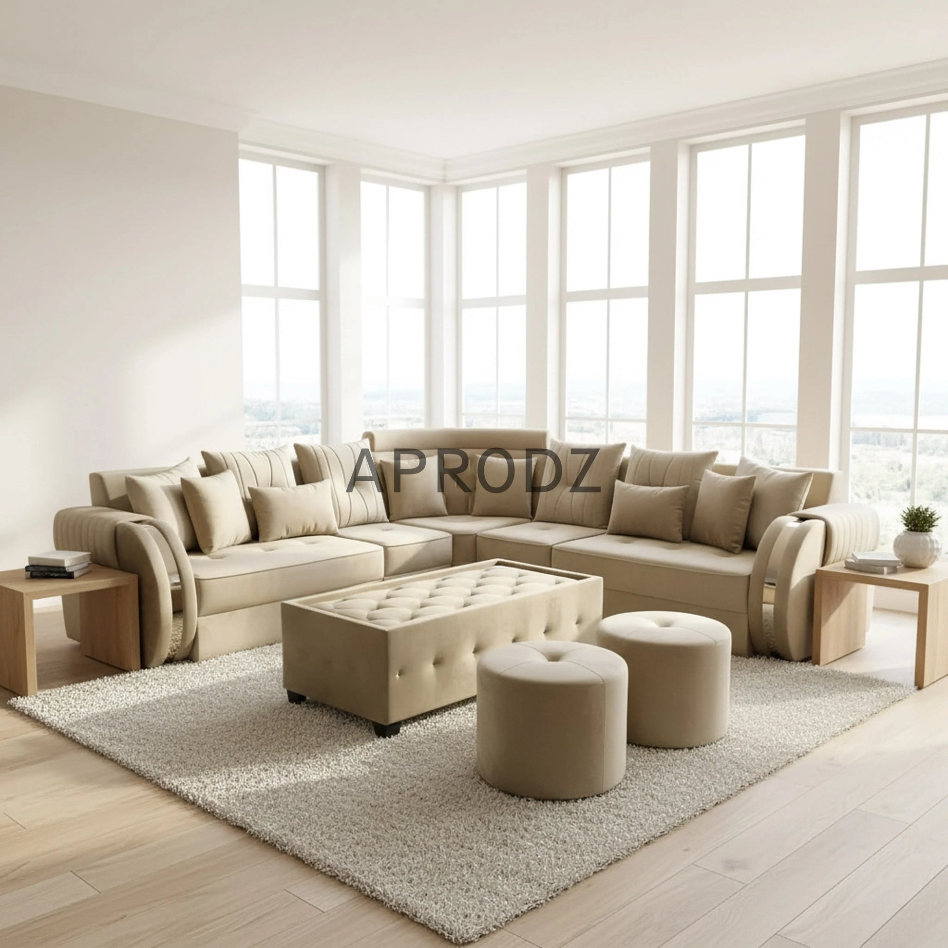 L-Shaped Sectional 6-Seater Sofa with Coffee Table & 2 Ottoman Stools Padded Armrest Perfect Fabric Corner Sofa for Guests Living Room, Drawing Room, Office & Lounge (Beige) 