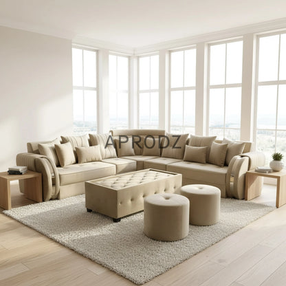 L-Shaped Sectional 6-Seater Sofa with Coffee Table & 2 Ottoman Stools Padded Armrest Perfect Fabric Corner Sofa for Guests Living Room, Drawing Room, Office & Lounge (Beige) 