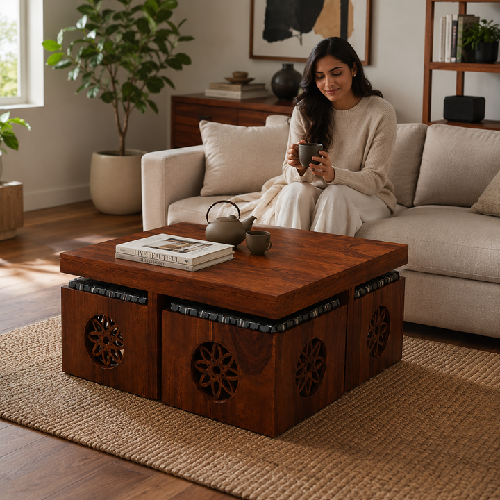 Translation missing: en.Solid Sheesham Wood Coffee Table with 4 Stools 