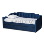 Navy blue Krease Daybed with Trundle Bed closed, featuring elegant tufting and luxurious velvet upholstery.