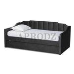 Black Krease Daybed with Trundle Bed closed, featuring soft velvet finish and vertical tufted backrest.
