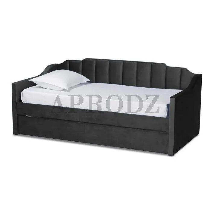 Translation missing: en.Black Krease Daybed with Trundle Bed closed, featuring soft velvet finish and vertical tufted backrest