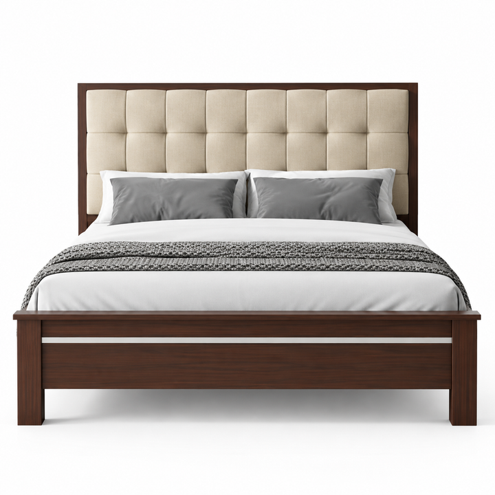 Translation missing: en.Solid Sheesham Wood Bed Without Storage Double Bed King Size Cot with Tufted Headboard Upholstered Bed for Bedroom (Beige) 