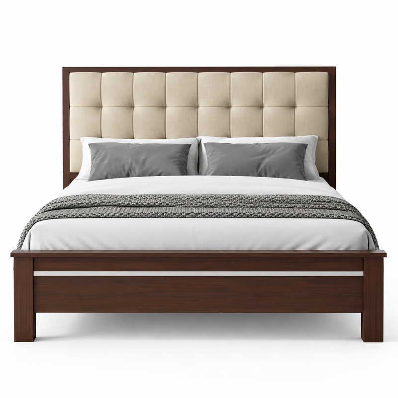 Solid Sheesham Wood Bed Without Storage Double Bed King Size Cot with Tufted Headboard Upholstered Bed for Bedroom (Beige) 