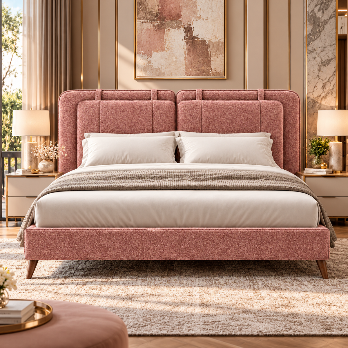 Dusty Rose Pink Upholstered Platform Bed with Panel Headboard & Wooden Legs – Textured Fabric Bed Frame 