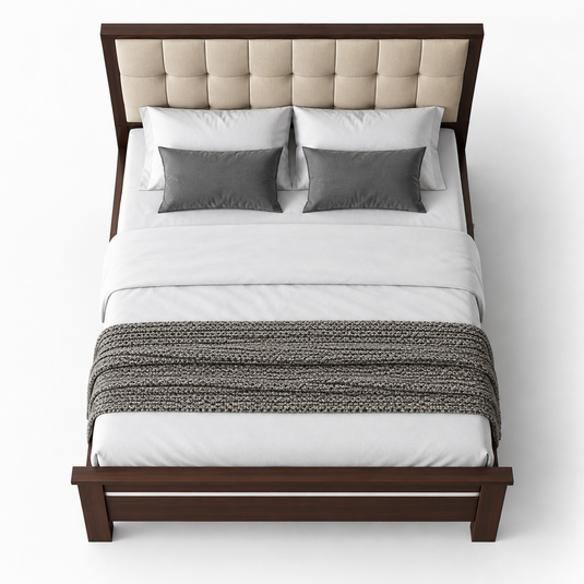 Translation missing: en.Solid Sheesham Wood Bed Without Storage Double Bed King Size Cot with Tufted Headboard Upholstered Bed for Bedroom (Beige) 