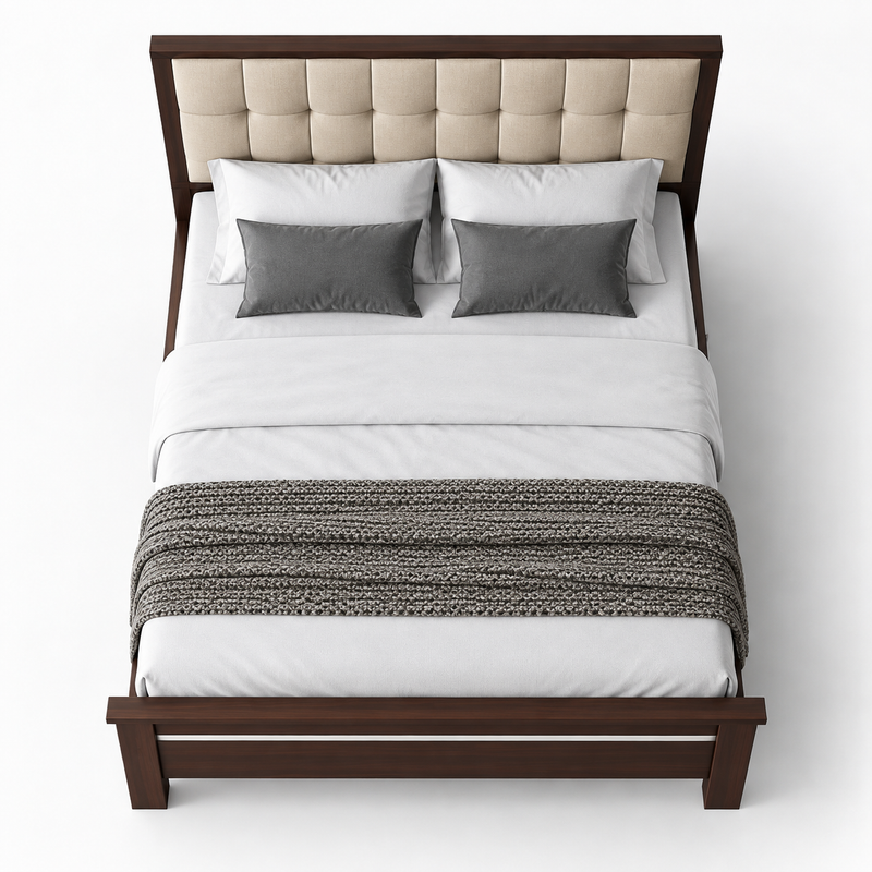 Solid Sheesham Wood Bed Without Storage Double Bed King Size Cot with Tufted Headboard Upholstered Bed for Bedroom (Beige) 