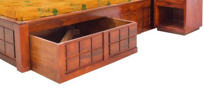 Sheesham Wood Taipei Bed with 2 Drawers and Storage Box for Bedroom | Brown Finish
