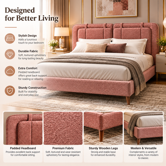 Translation missing: en.Dusty Rose Pink Upholstered Platform Bed with Panel Headboard &amp; Wooden Legs – Textured Fabric Bed Frame 