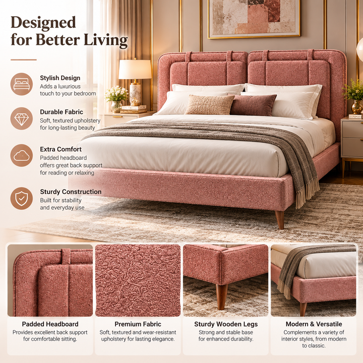 Translation missing: en.Dusty Rose Pink Upholstered Platform Bed with Panel Headboard &amp; Wooden Legs – Textured Fabric Bed Frame 