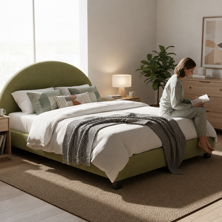 Translation missing: en.Upholstered Bed Frame, Green Fabric with Wooden Construction, Arched Headboard Platform Bed 