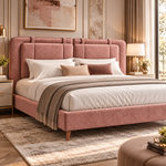 Dusty Rose Pink Upholstered Platform Bed with Panel Headboard & Wooden Legs – Textured Fabric Bed Frame 