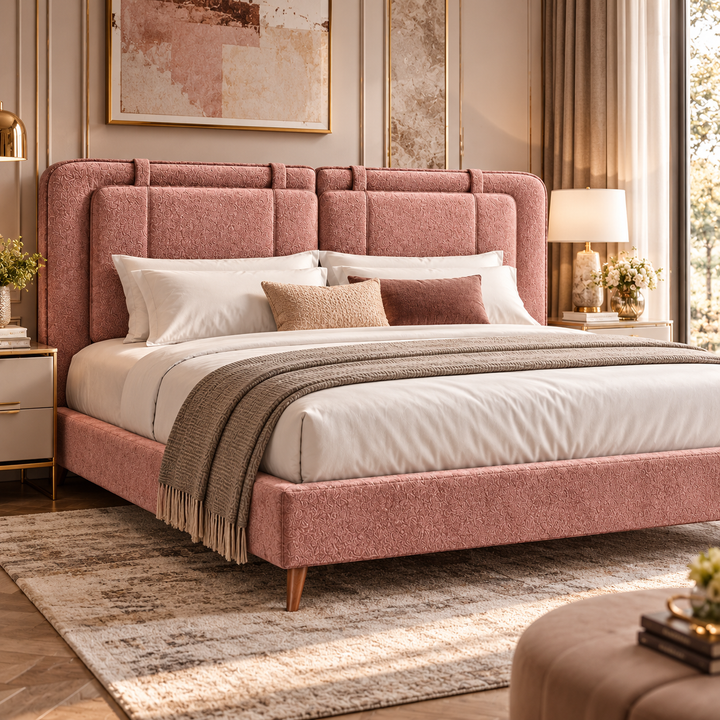 Translation missing: en.Dusty Rose Pink Upholstered Platform Bed with Panel Headboard &amp; Wooden Legs – Textured Fabric Bed Frame 
