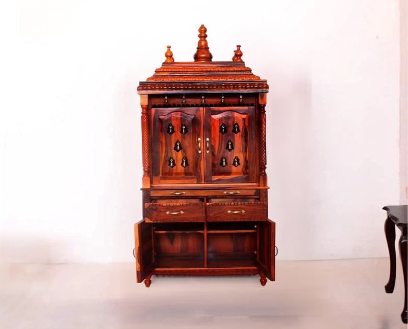 Handcrafted Sheesham Wood Temple with 2 Drawer for Pooja Room | Temple for Home 