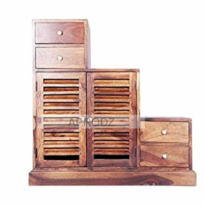 Sheesham Wood Storage Zuni Shoe Rack Cabinet for Living Room | 2 Shelf 4 Drawer Shoe Organizer | Mahogany 