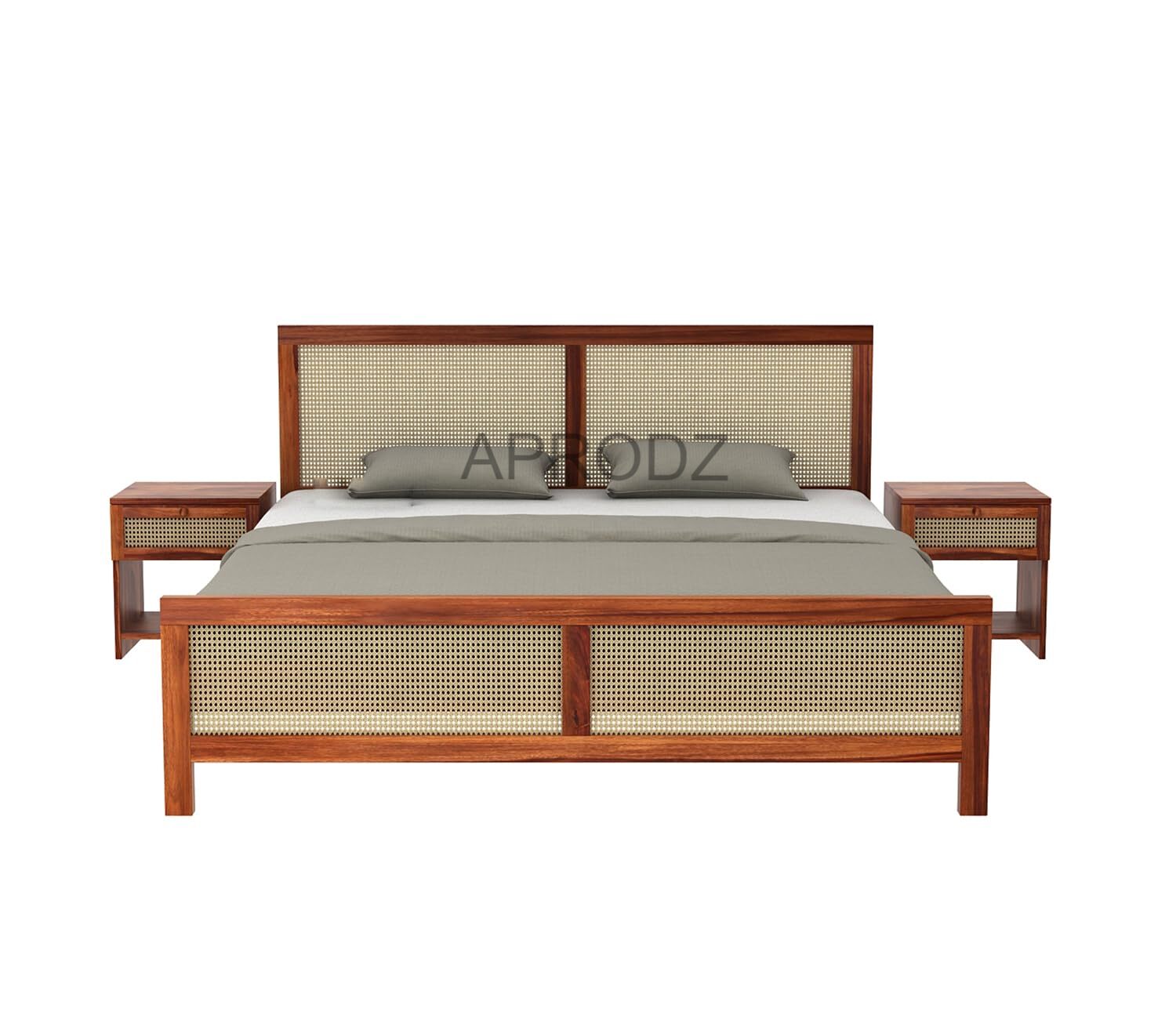 King Size & Queen Size Bed Frame with Cane Panels, Sheesham Wood, Modern Design 