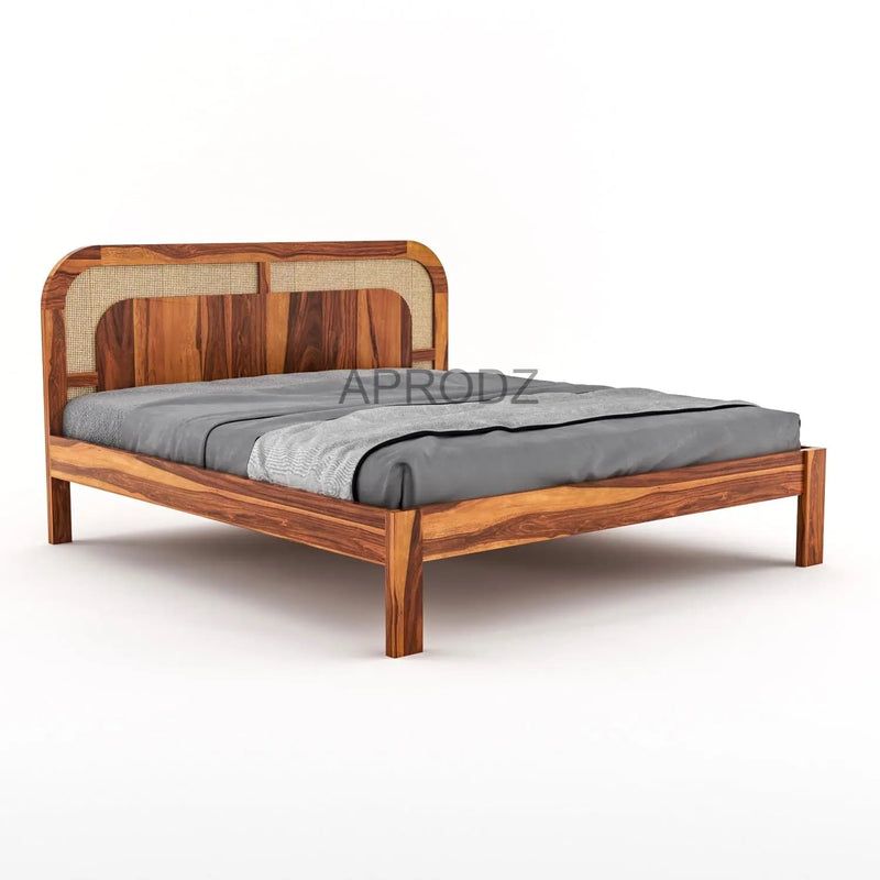 Sheesham Wood Bed with Cane Headboard | Solid Wood King & Queen Size 