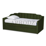 Green Krease Upholstered Daybed with Trundle Bed fully closed, featuring vertical tufted backrest and plush velvet finish.