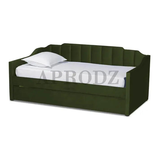 Translation missing: en.Green Krease Upholstered Daybed with Trundle Bed fully closed, featuring vertical tufted backrest and plush velvet finish