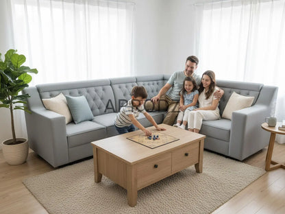 L-Shaped Sectional 6-Seater Sofa with Tufted Back Padded Armrest Perfect Fabric Corner Sofa for Guests Living Room, Drawing Room, Office & Lounge (Light Grey) 