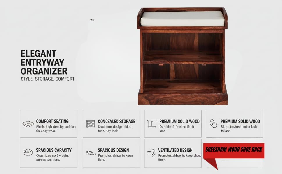 Wooden Multipurpose Cupboard & Shoe Rack – Spacious Storage Cabinet with Seating for Home, Entryway & Living Room (Large, Teak Finish) 