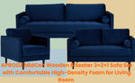 MidCen Wooden 6 Seater 3+2+1 Sofa Set with Comfortable High-Density Foam for Living Room (Upholstered- Dark Blue Velvet Fabric) 