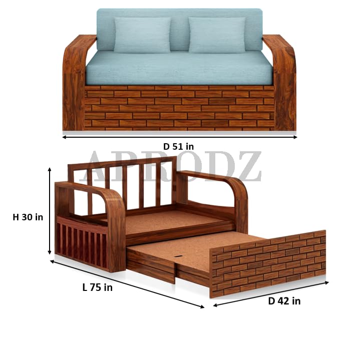 Sheesham Wood Sofa Cum Bed, 2 Seater with Turquoise Upholstery (75 x 51 x 30 Inch)