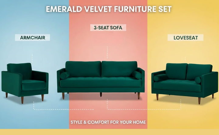 Translation missing: en.MidCen Wooden 6 Seater 3+2+1 Sofa Set with High-Density Foam for Home &amp; Living Room (Upholstered- Dark Green Velvet Fabric) 