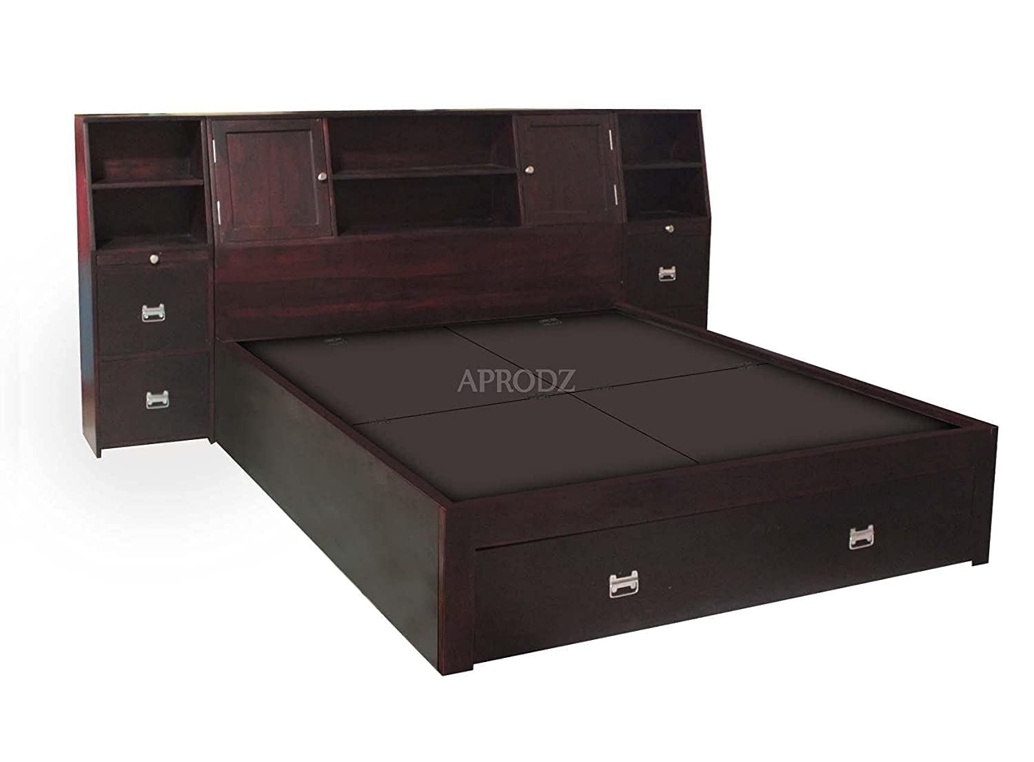 APRODZ Solid Wood Storage Queen Size Trapez Bed and 2 Side Table for Bedroom Stylish | Mohogany Finish