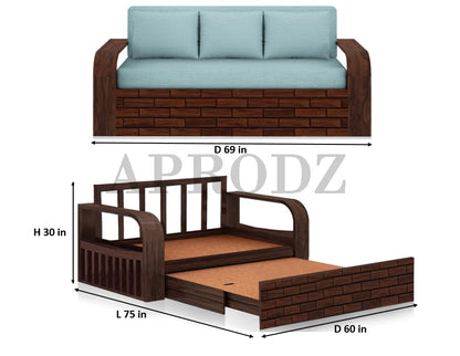 Sheesham Wood Sofa Cum Bed, 3 Seater with Blue Upholstery (75 x69 x30 Inch)