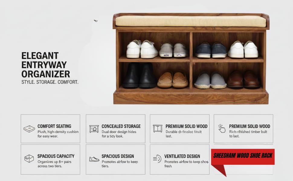 Wooden Multipurpose Cupboard & Shoe Rack – Spacious Storage Cabinet with Seating for Home, Entryway & Living Room (Large, Teak Finish) 