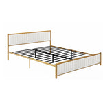 Upholstered Bed Modern Strip Headboard Footboard Platform Bed Frame with Heavy-Duty Metal Slats, No Box Spring Needed, Beige Fabric + Gold Powdercoated 