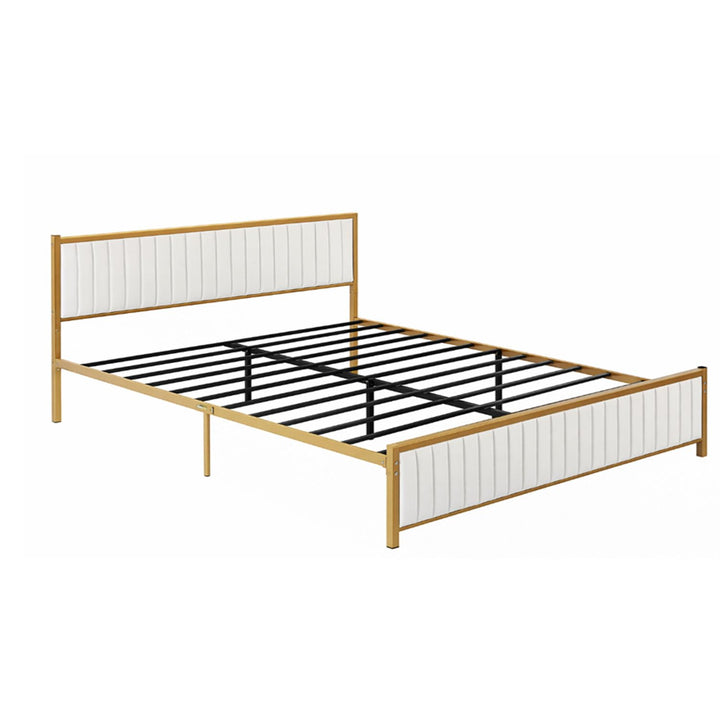 Translation missing: en.Upholstered Bed Modern Strip Headboard Footboard Platform Bed Frame with Heavy-Duty Metal Slats, No Box Spring Needed, Beige Fabric + Gold Powdercoated 
