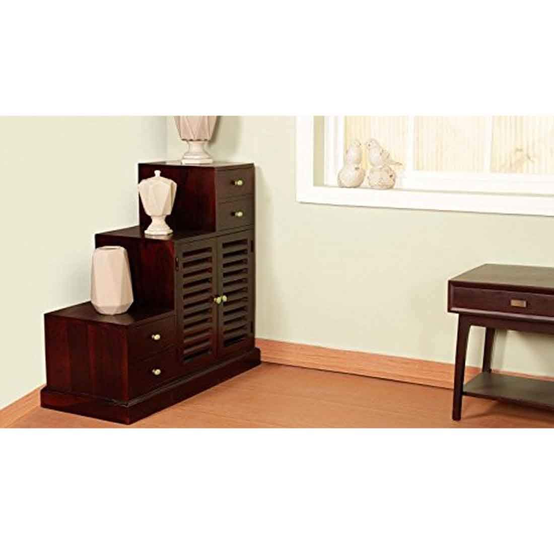 APRODZ Sheesham Wood Storage Zuni Shoe Rack Cabinet for Living Room | 2 Shelf 4 Drawer Shoe Organizer | Mahogany