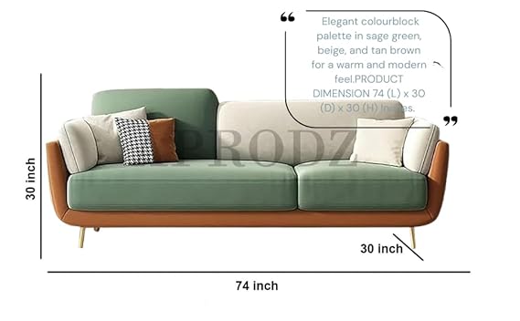 Luxelle Earthy Colourblock 3-Seater Sofa – Sage Green, Beige & Tan Fabric Couch | Gold Metal Legs | Removable Cushions | Stylish Modern Sofa for Living Room 
