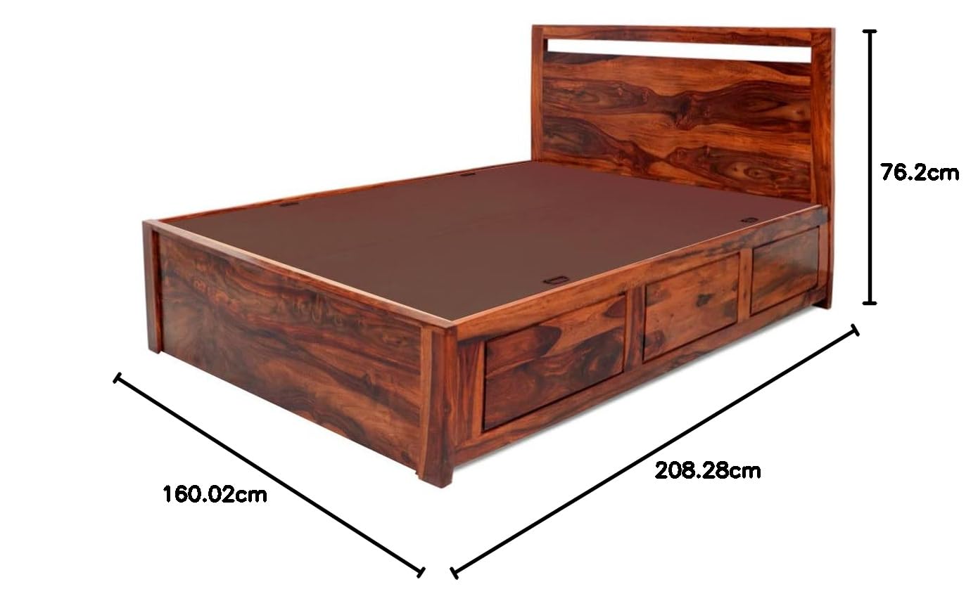 APRODZ Sheesham Wood Berta Bed with Storage (Queen Size, Honey Finish)