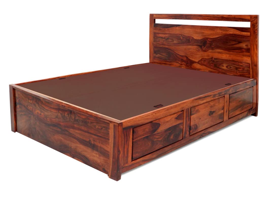 APRODZ Sheesham Wood Berta Bed with Storage (Queen Size, Honey Finish)