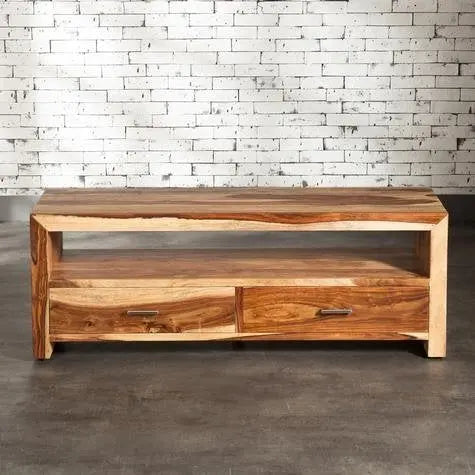 APRODZ Flower Inspired TV Unit with Drawers & Shelf Storage Entertainment Unit Center Console TV Table for Living Room Furniture (Natural Teak Finish)