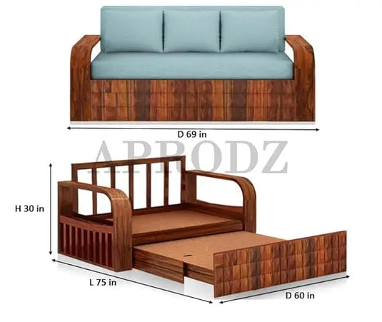 Translation missing: en.Sheesham Wood Sofa Cum Bed, 3 Seater with Blue Upholstery (75 x69 x30 Inch)  Sheesham Wood Sofa Cum Bed (3 Seater)