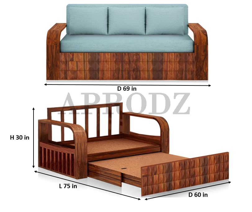 Sheesham Wood Sofa Cum Bed, 3 Seater with Blue Upholstery (75 x69 x30 Inch)
