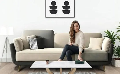 Luxelle Modern Sofa 3 Seater Velvet Sofa Set with Tufted Backrest Cushioned Seating Tipped Wooden Legs Couch for Living Room & Lounge (Two Tone) 